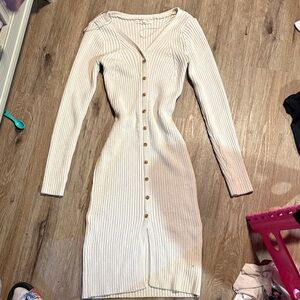 Elegant Cream Button-Down Ribbed Dress